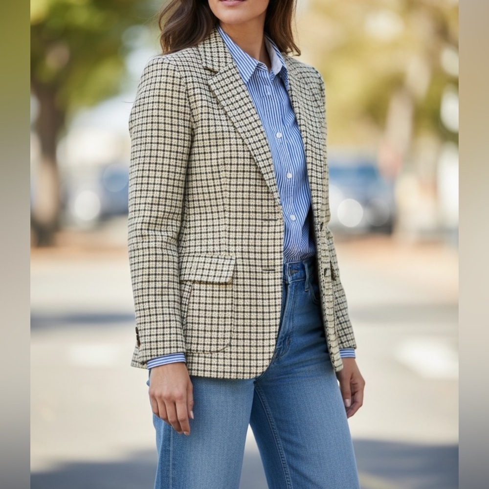 Talbots Classic Fit Houndstooth Blazer Jacket Size 12 Brown Green Wool Blend - Picture 11 of 11